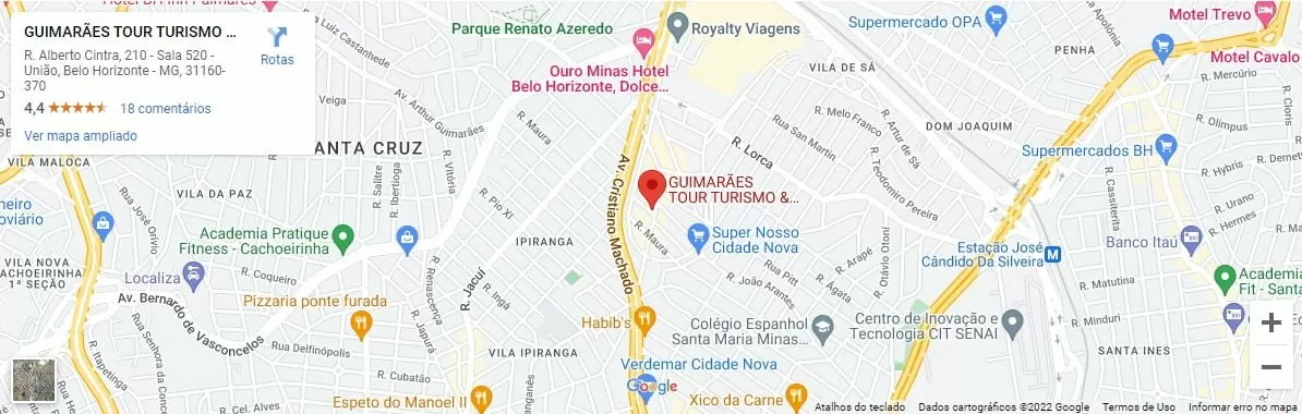 Localização da empresa e agência de turismo "Guimarães Tour" na cidade de Belo Horizonte.